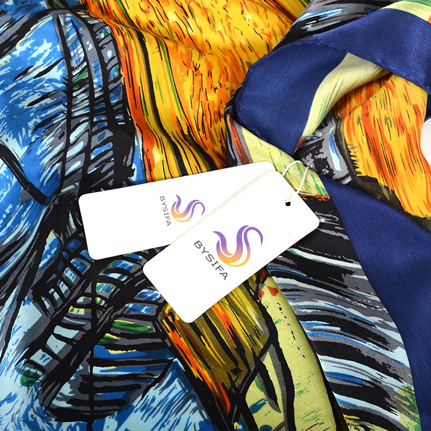 [BYSIFA] темно синие шарфы модный бренд масляной живописи кафе дизайн 100% шелковый