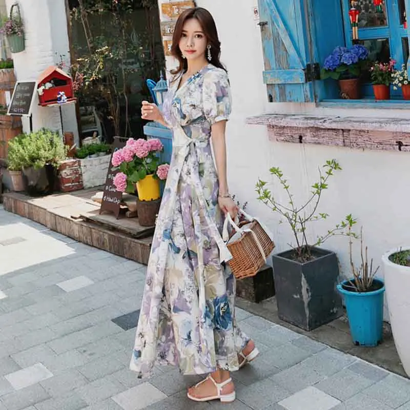 BGTEEVER v-образный вырез с коротким рукавом принт длинное платье женское на шнуровке