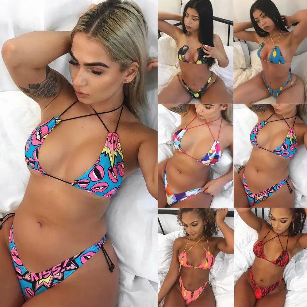 Летний женский бюстгальтер пуш-ап + стринги бандажный комплект бикини с принтом