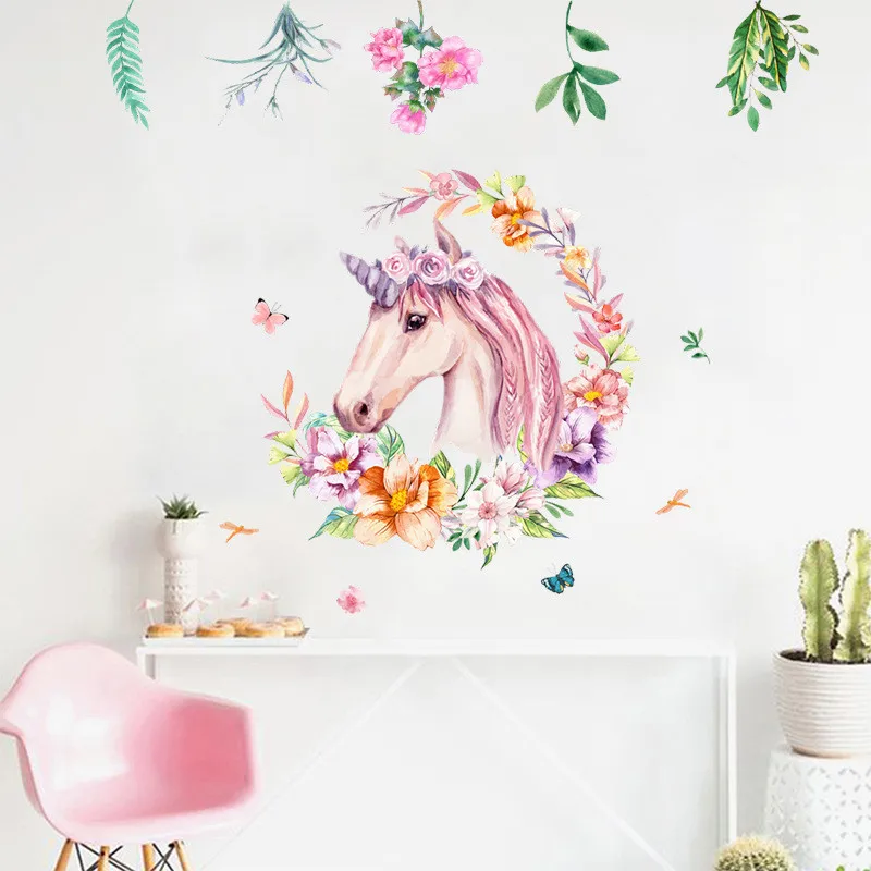 Nordic Style Flower Unicorn Wall Sticker For Kids Room Home Decor Animal Decals Nursery Baby Bedroom Mural | Дом и сад