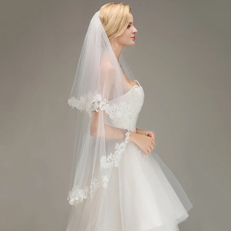 Voile Mariage 1.5M Короткая Фата с Кружевной Кромкой Расческой Двухслойная Вуаль Невесты