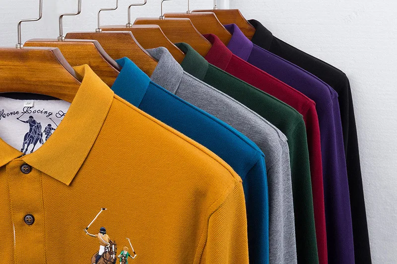 Рубашка-поло мужская с длинным рукавом хлопковая однотонная блуза 3D вышивкой