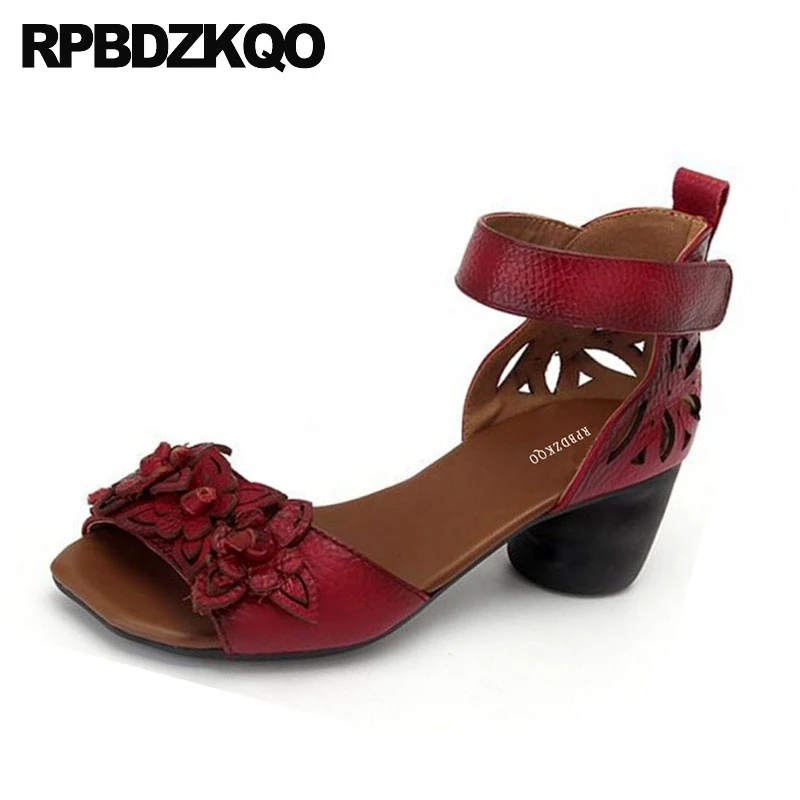 красный женщина сандалии 2018 лето цветок приукрашенный толстый насосы высокий