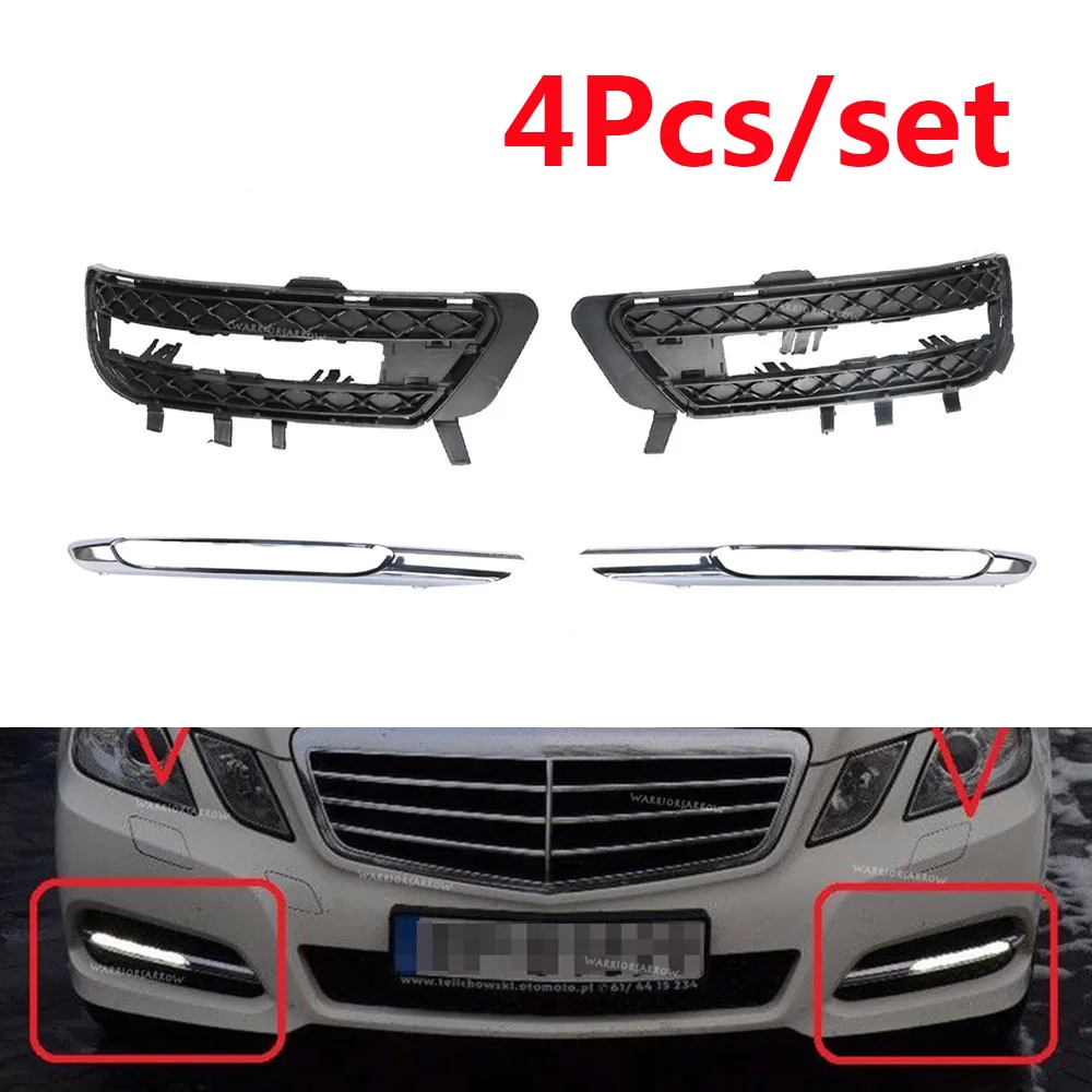 4 шт. набор для Mercedes-Benz W212 E350 E400 E550 2012 2013 передний бампер противотуманный светильник решетка крышка+ хромированная отделка молдинг левый и правый - Цвет: 4Pcs Set