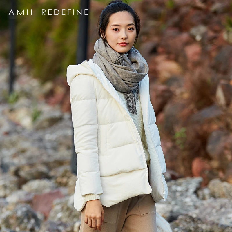 Amii Redefine пуховик зимний женский 2018 Повседневный однотонный 80% белый утиный пух