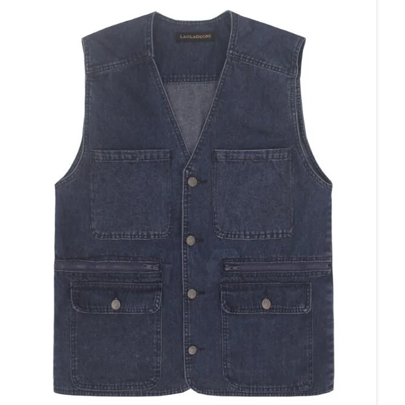 

SHIERXI Male Denim Vests Men Vest Mens Outdoors Cotton Multi Pocket Sleevless Jean Jacket Men Jeans Masculino
