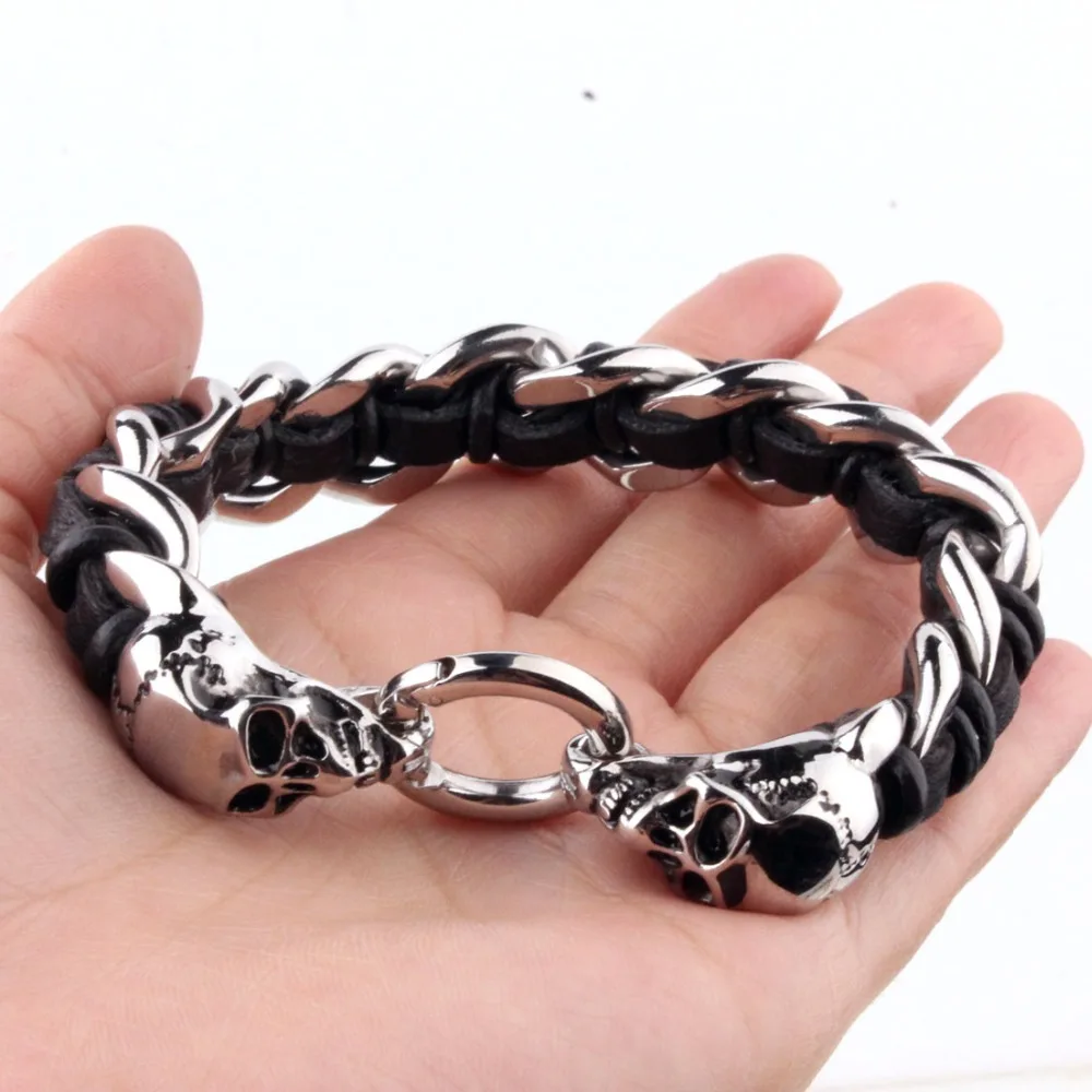 New Arrive Stainless Steel Silver Color Black Skull Head  Black leather Weave Cuban Chain Bracelet Cuff Bangle Mens Jewelry