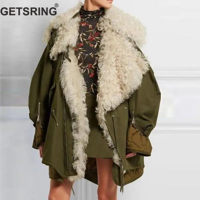 Женская парка GETSPRING из натуральной овечьей шерсти, утепленные женские зимние куртки, свободный крой, удлиненная зимняя куртка, длинный рукав, универсальная женская куртка