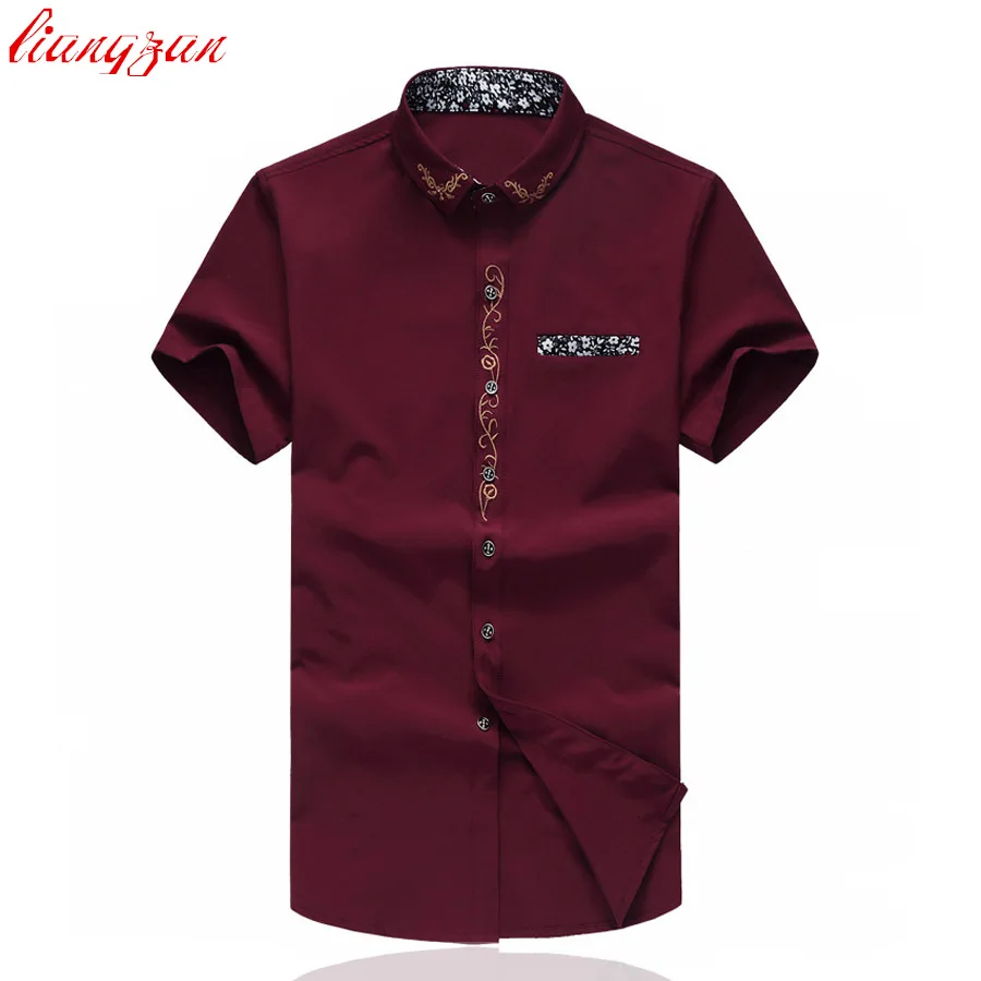 Мужская хлопковая рубашка с вышивкой летняя брендовая коротким рукавом большие
