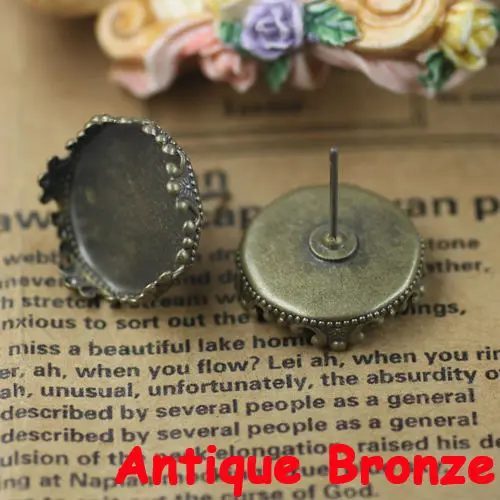 20pcs 15mm Ear Needle Antique Bronze/Silver Plated Stud Earring Crown Edge Cameo Setting Tray for DIY Jewelry Making