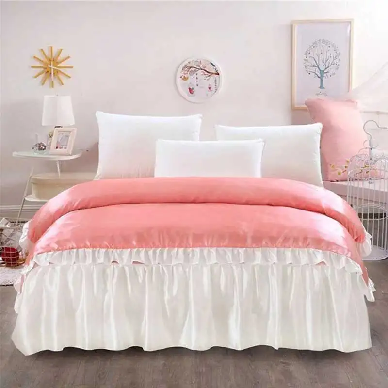 luxury large Home Textile Satin Silk Bed Sheet quilt linen fabric bedclothes bed skirt duvet cover Pillowcase King Queen size | Дом и сад