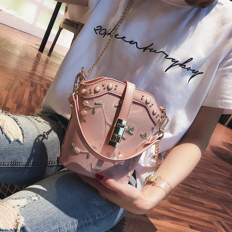 ETAILL Sweet Lace Floral Bucket Bag Luxury Shoulder Bags for Women 2018 Famous Brand Flowers Chain | Багаж и сумки