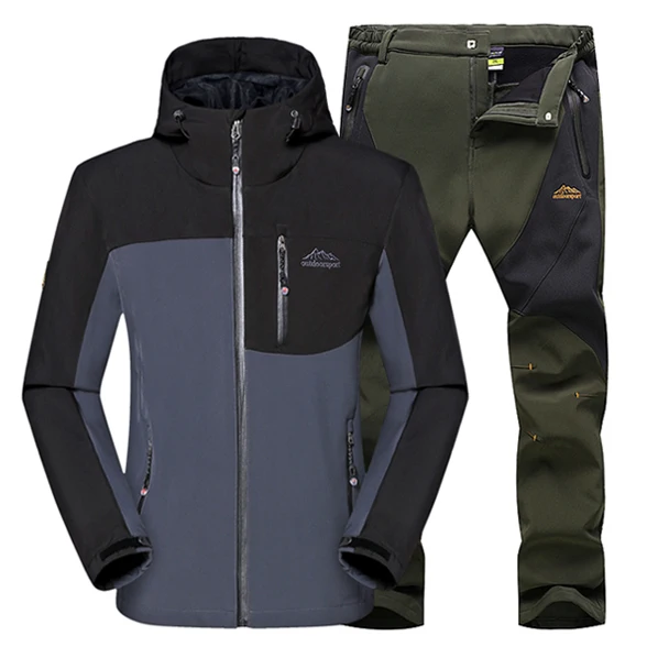 Gray Green pants Мужская зимняя флисовая куртка с подогревом, водонепроницаемая, для рыбалки, катания на лыжах, пеших прогулок, Походов, Кемпинга, куртка+ брюки 5XL - Цвет: Gray Green pants