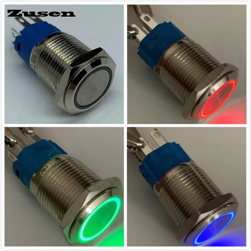 Фото Zusen 16 мм 1NO1NC трехцветсветильник свет RGB кольцо с подсветкой фиксация Мгновенный кнопочный переключатель (ZS161F-11/E/RGB) №1