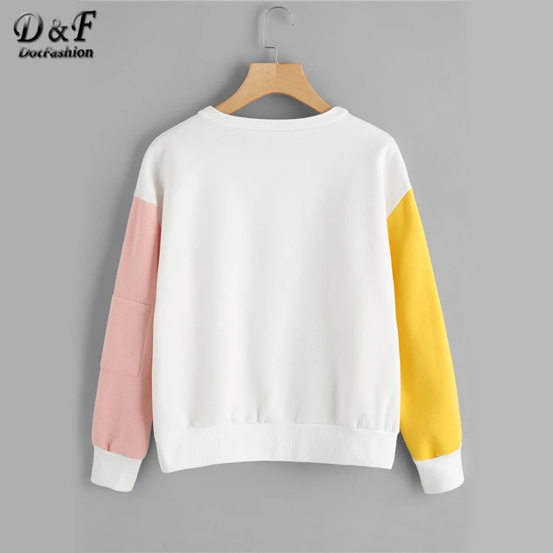 Dotfashion/толстовка с буквенным принтом на молнии с контрастными рукавами и надписью; осенний Женский пуловер с длинными рукавами; Весенний разноцветный Топ