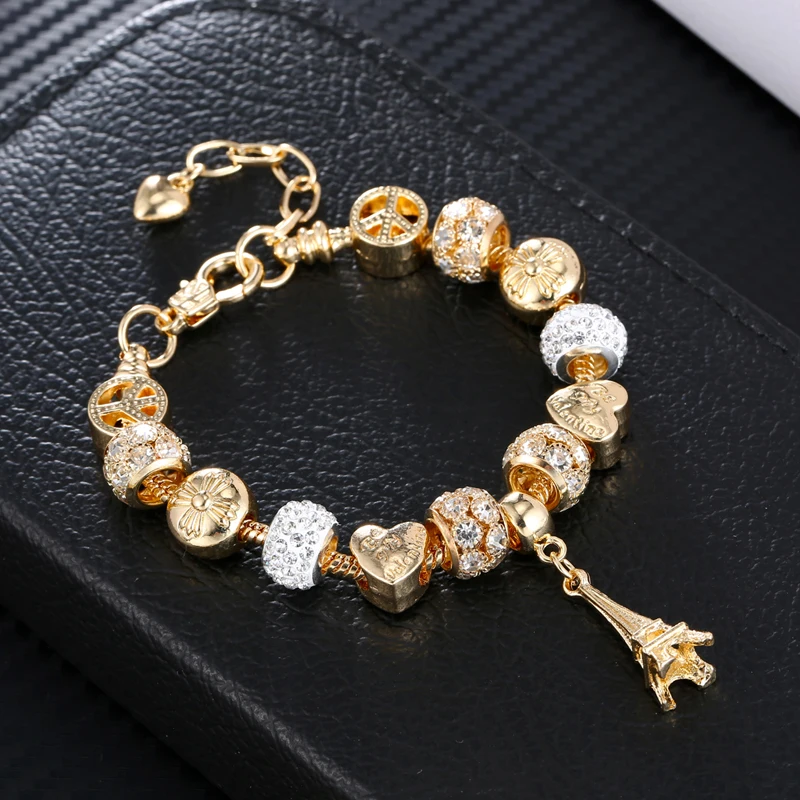 JKJ Silver Plated 925 Crown Beads Key Crystal Love Heart Charm Bracelet Fits Pendant For Women DIY Jewelry gifts | Украшения и