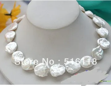 

Free Shipping HUGE 17" 20mm baroque coin white freshwater cultured PEARL NECKLACE