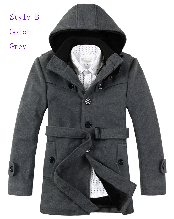 

Fashion Men Detachable Hoody Wool Blend Trench Coat With Belt, Very Warm Faux Fur Lining Coats For Men Parka Free Shipping HW353