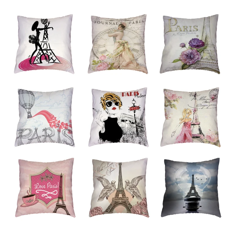 

Retro Paris Tower White Throw Pillow Cases Colored Flower Bird Clock Cushion Covers Home Decorative Sofa Cover