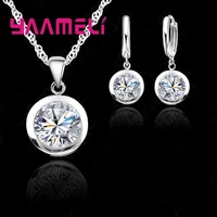 new wedding fine women jewelry sets real pure 925 sterling silver round cubic zircon cz pendant necklaces hoop earrings