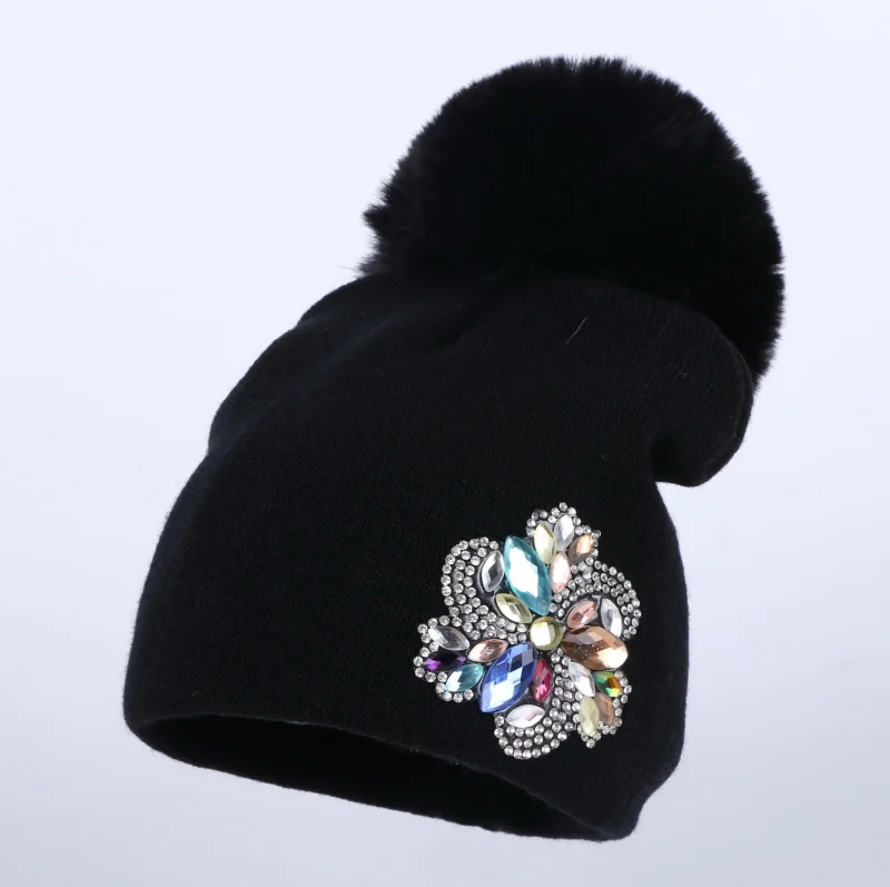 black hat Вязаная зимняя шапка для детей от 0 до 3 лет, шапка для мальчиков и девочек из хлопка цвета фуксии с помпоном, Детские шапочки с цветочным принтом, Повседневные шапки skullies - Цвет: black hat