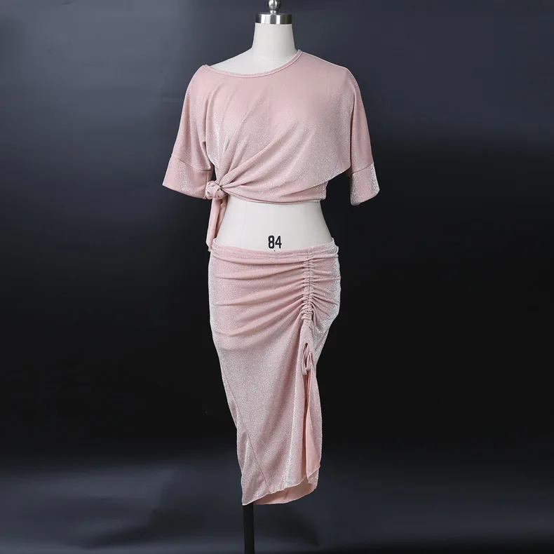 Pink Женская Одежда для танцев больших размеров, костюм для танца живота для девочек, мини-юбка с разрезом по бокам, комплект с эластичными блестками и открытыми плечами, топ и юбка - Цвет: Pink