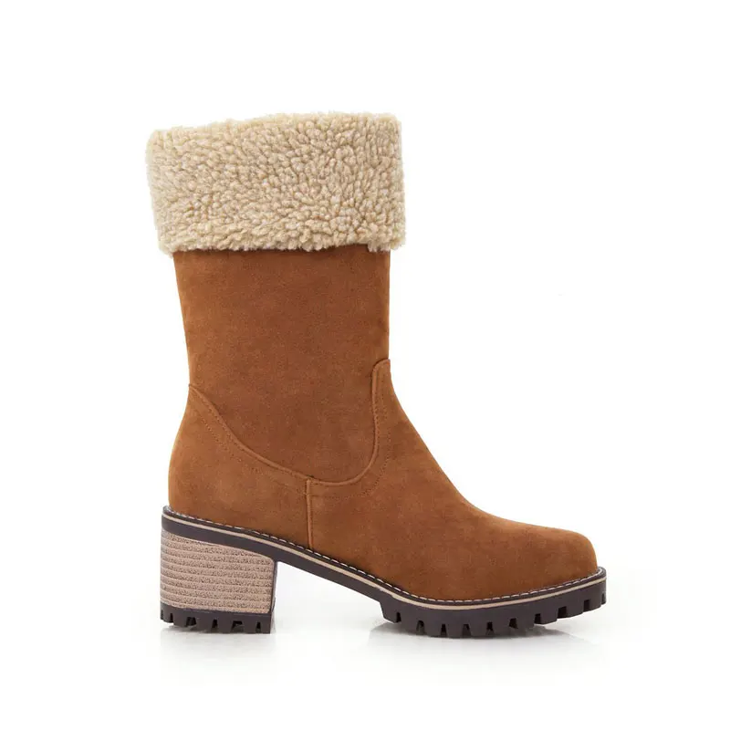 

Fanyuan Winter Flock warm Plush Snow Boots Comfort Non-slip decoration Zipper Fashion Boots High heel Mid-Calf Boots Women shoes