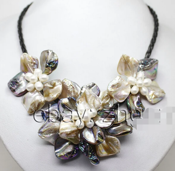 

white color shell mop white pearl 3 flowers pendant necklace handwork Stone 18" AAA style Fine Noble real Natural free shipping