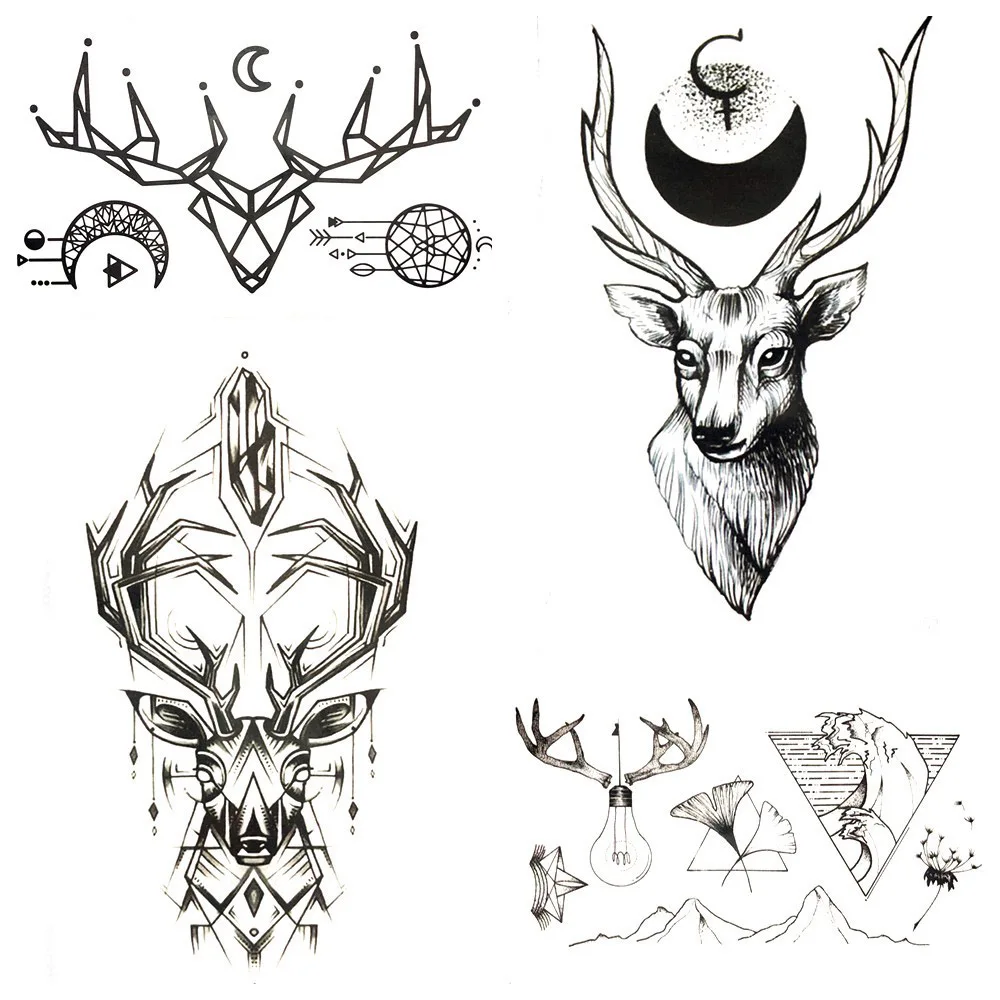 

Black Geometric Elk Deer Temporary Tattoo Stickers Men Body Art Drawing Small Waterproof Tattoo Women Party Moose Horn Tatoos