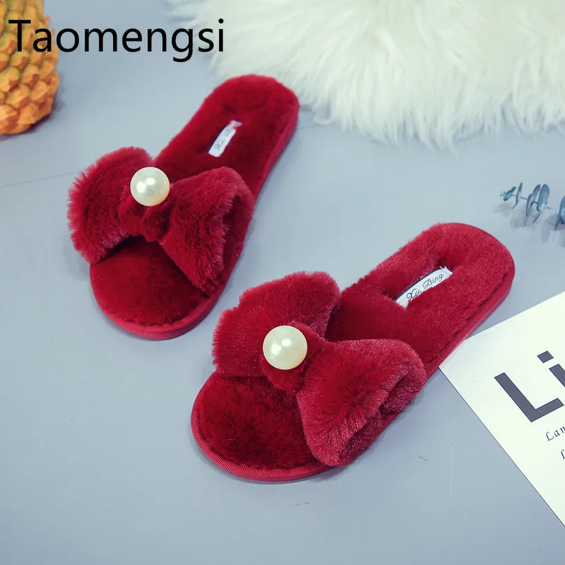Taomengsi/Новинка женские тапочки с жемчужинами сезон осень зима летние шлепанцы для