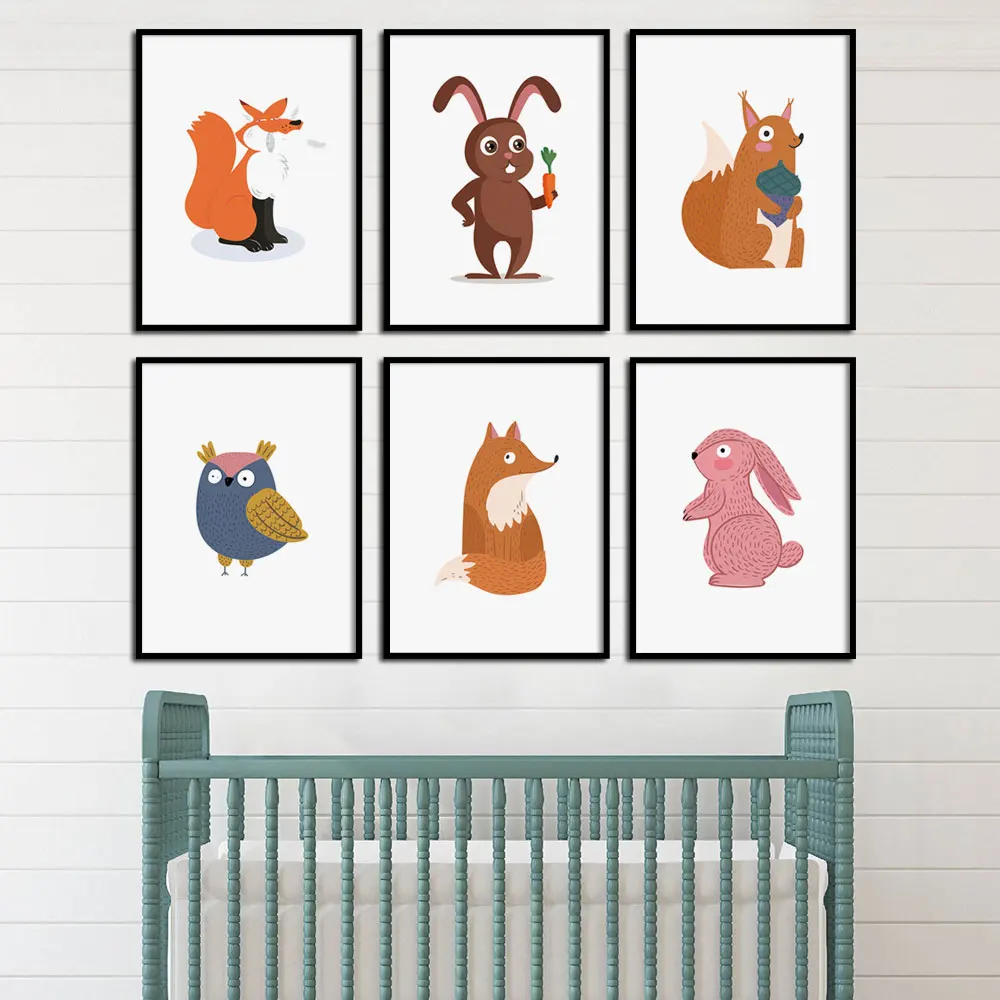 

Cartoon Animals Rabbit Fox Bird Squirrel Wall Art Canvas Painting Nordic Posters and Prints Wall Pictures Baby Kids Room Decor