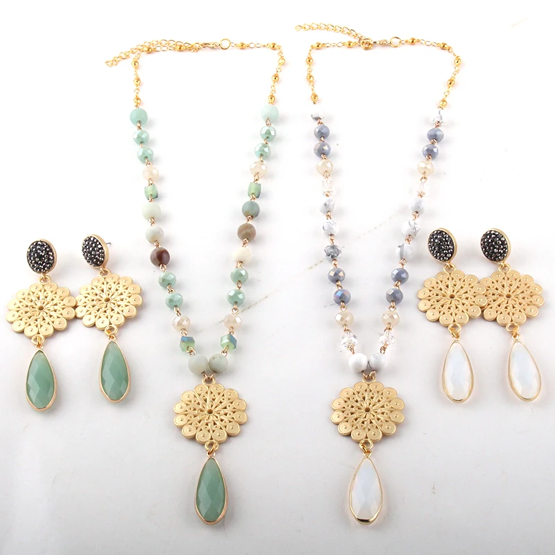 MOODPC Fashion Jewelry Set N-E Stone / Glass Rosary Chain Metal Flower Link DropTassel Necklace Bracelet Earring set | Украшения и