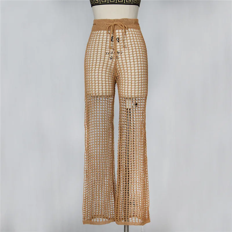 Adogirl Women Beach Flare Pants Solid Knitted Hollow Out Fishnet Wide Leg Pants High Waist Lace Up Sashes Night Club Trousers