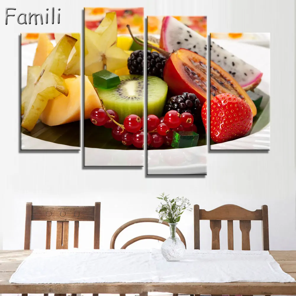 

4 Piece Modern Still Life Red Wall Art Painting Colorful Various Fruit In Plate Print On Canvas The Picture Food 4 Pictures
