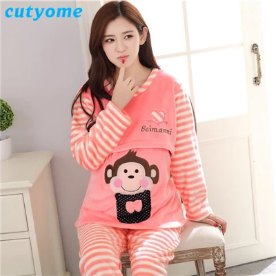 Pink Nightgown Пижамные комплекты для грудного вскармливания, зимняя фланелевая Толстая теплая ночная рубашка для кормления, для беременных, женская ночная рубашка, пижамы - Цвет: Pink Nightgown