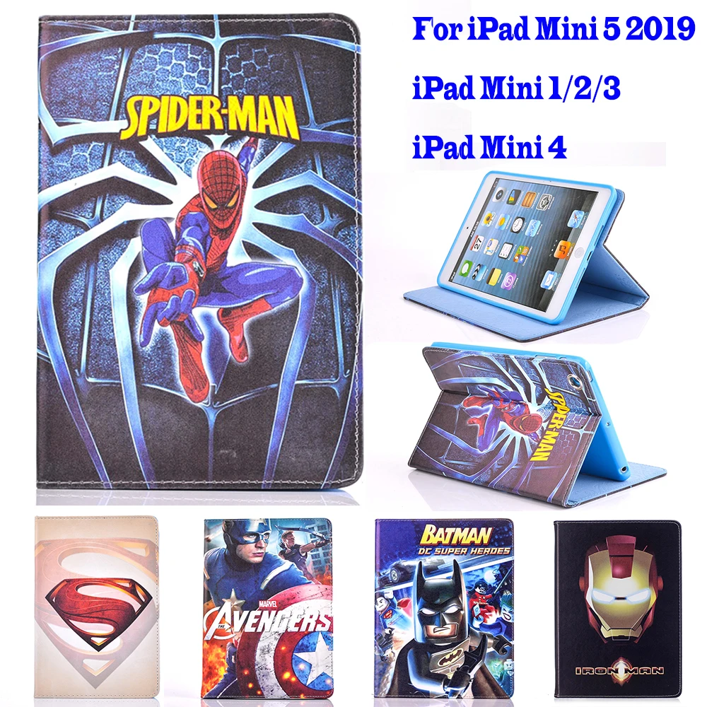 Мини 5 чехол для iPad Mini 1/2/3/4 из мультфильма, популярная яркая детская одежда с рисунком «Супермен», «Человек-паук», «Бэтмен» Железный человек кожаный чехол-книжка с задней панелью Стенд Smart Cover Пижама с черепашками-ниндзя