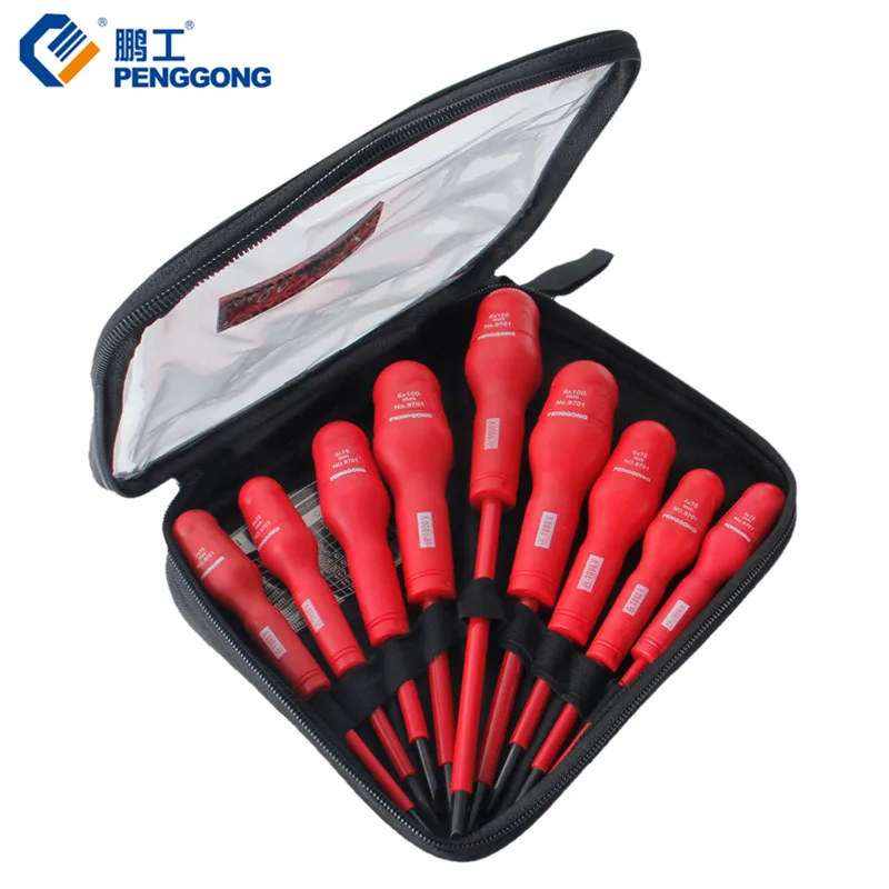 

PENGGONG 1000V Insulated Screwdriver Set Electrician Phillips & Slotted Kits CR-V Steel 9PCS With Bag
