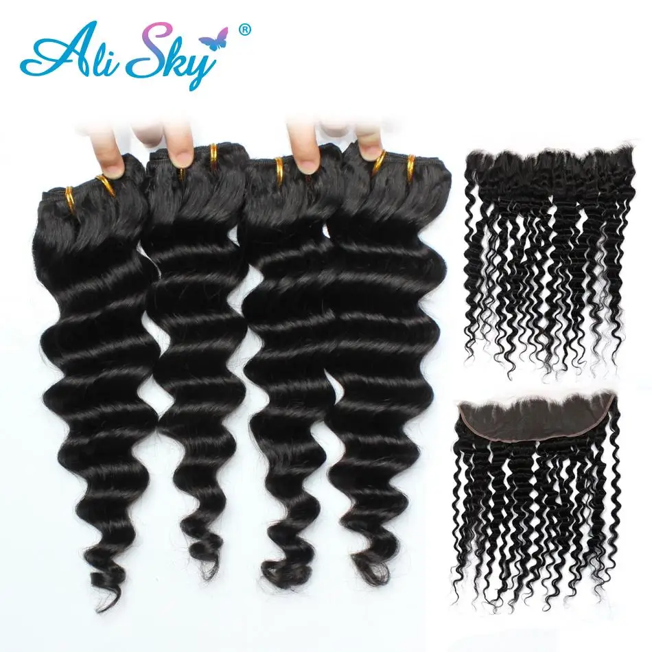 

Alisky Hair Malaysian Deep Wave Hair Lace Frontal Closure With Bundles Human Hair 4 Bundles With 13x4 Frontal Remy Hair Weave