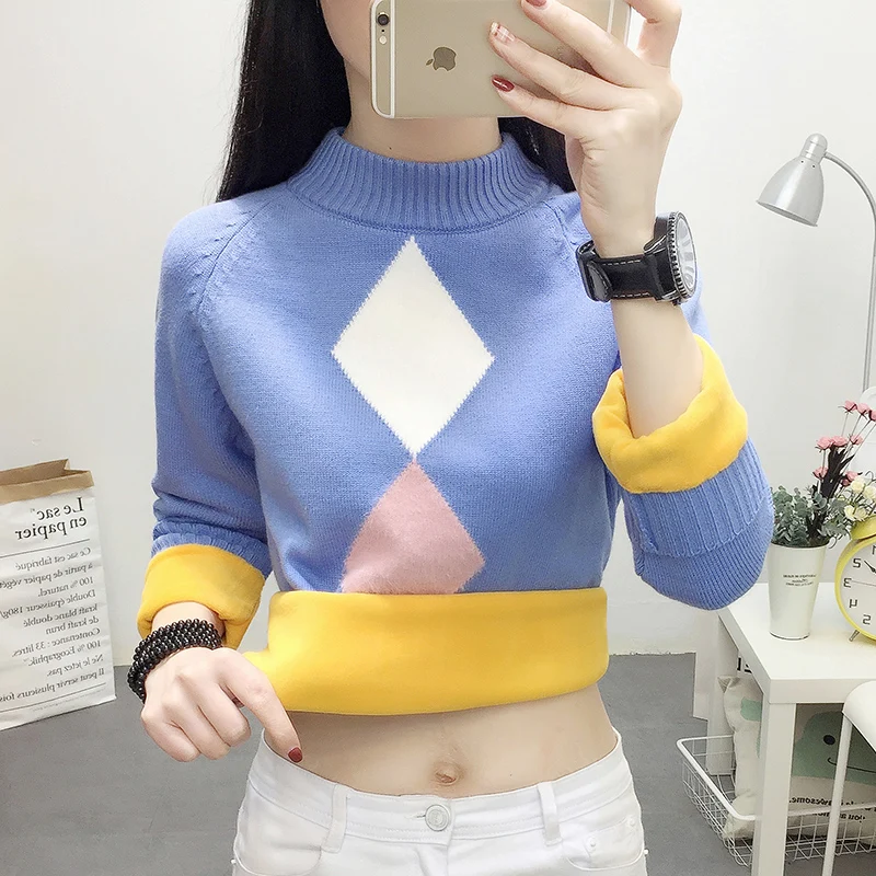 High quality Elegance Thick Warm Women's Pullover Sweater Fashion Knitted With Velveeta Jumper Top Slim Female O-neck | Женская