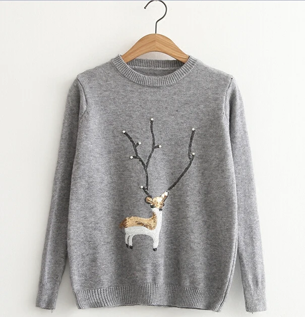 2016 Spring new harajuku women's casual long sleeve o-neck cute deer embroidery sequins beading decorate loose Pullover sweaters | Женская