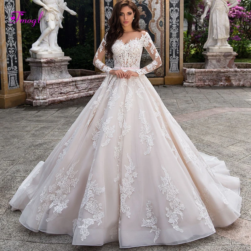 

Fmogl New Arrival Scoop Neck Long Sleeve A-Line Wedding Dress 2020 Graceful Sashes Appliques Vintage Bride Gown Vestido de Noiva