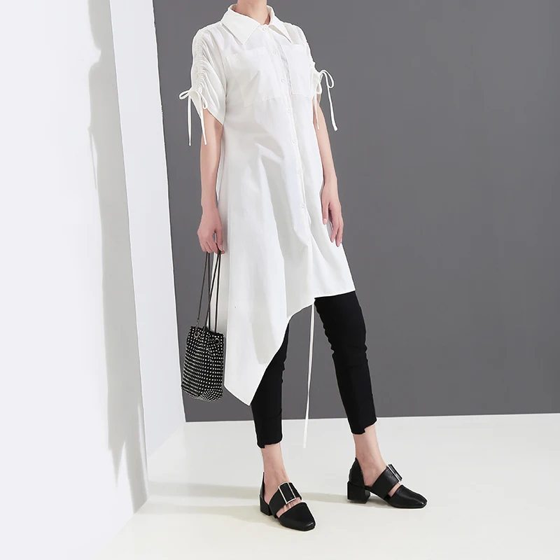 New 2019 Korean Style Women Solid White Summer Blouse Shirt Short-Sleeve Irregular Hem Ladies Casual Informal Blouses 5252 |