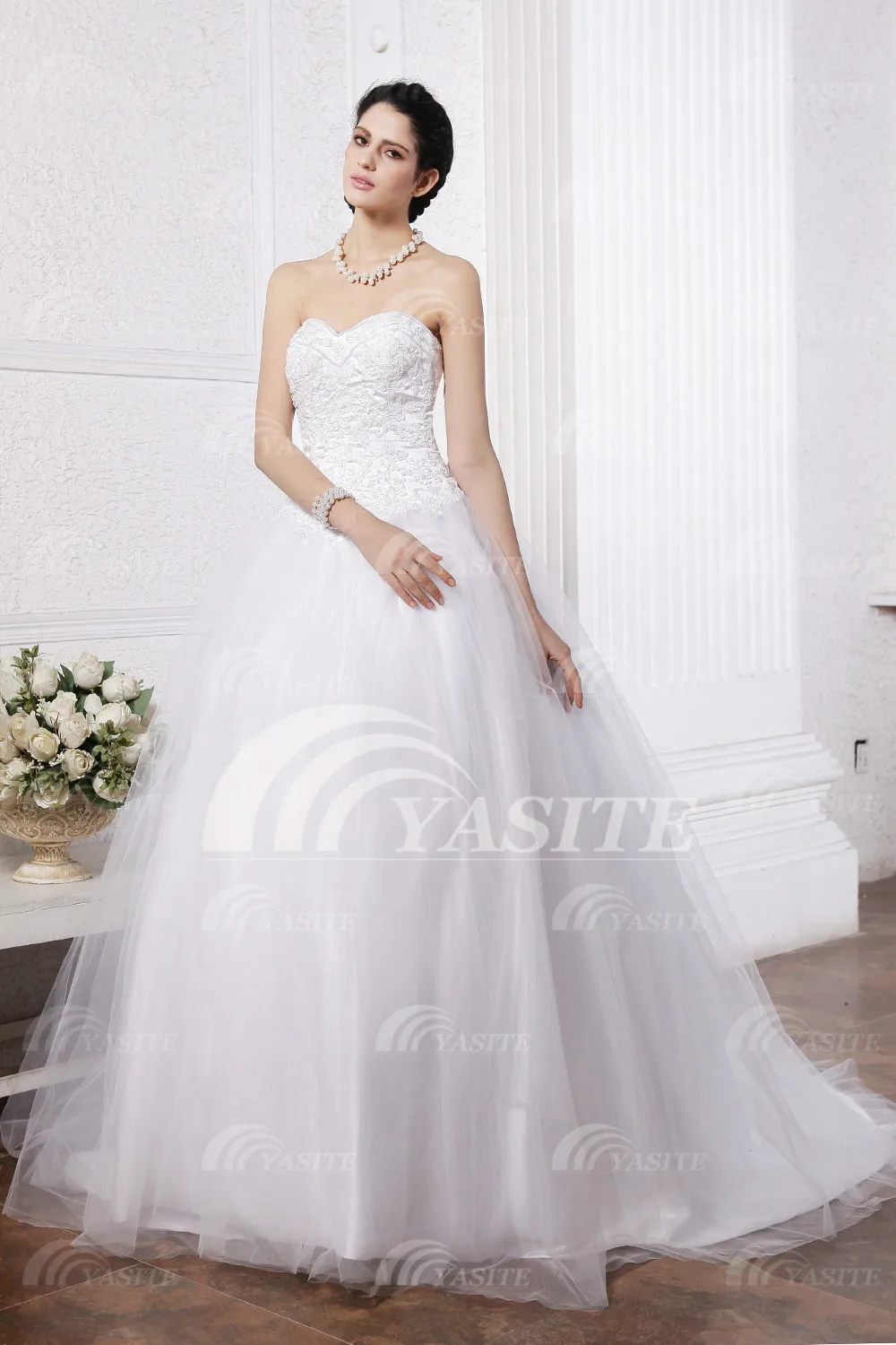 2014 in stock retro noble bridal A-line sweetheart wedding dress appliques floor length white organza zipper dresses | Свадьбы и