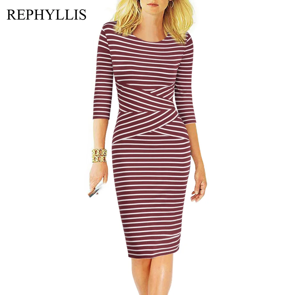REPHYLLIS, женское Полосатое летнее платье с рукавом 3/4, для работы, бизнес, коктейльное, вечерние, для офиса, повседневное, облегающее, сексуальное платье