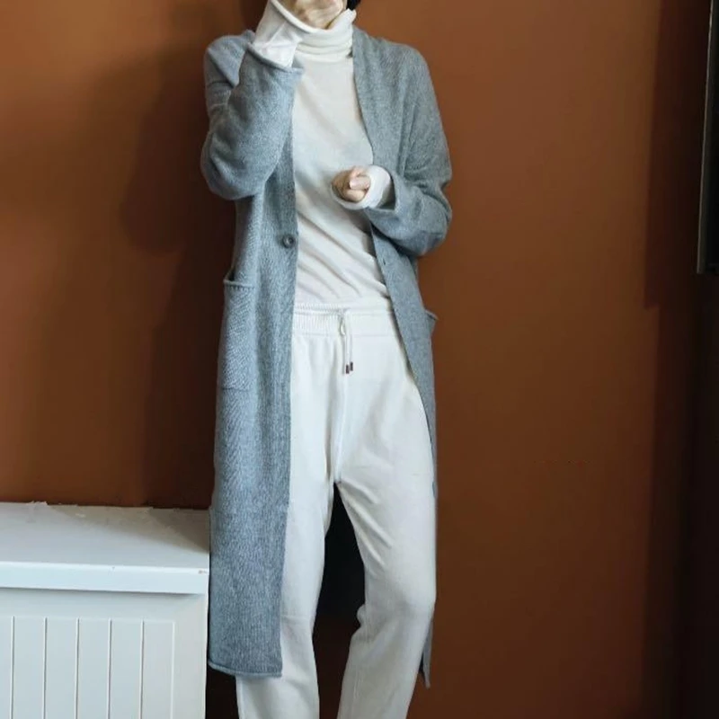 New fashion spring and autumn women's sweater cardigan long section design solid color simple loose knitted jacket cardi |