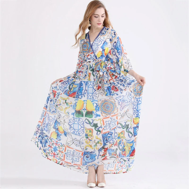 2019 летнее дизайнерское платье для подиума с цветочным принтом v образным вырезом