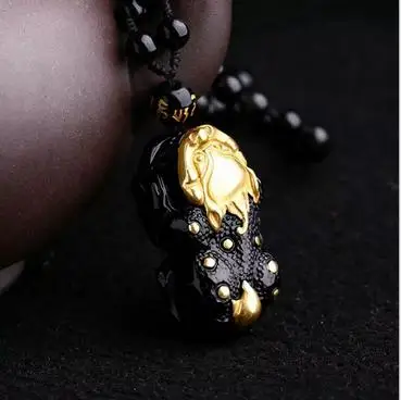 

Natural obsidian god beast pixou inlay metallic his head pendant necklace charm men's and women's style