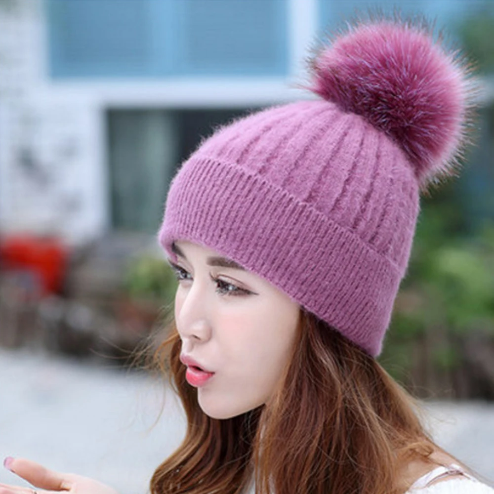 Женские теплые шапки из натурального меха енота для вязаной оплетки шерстяная