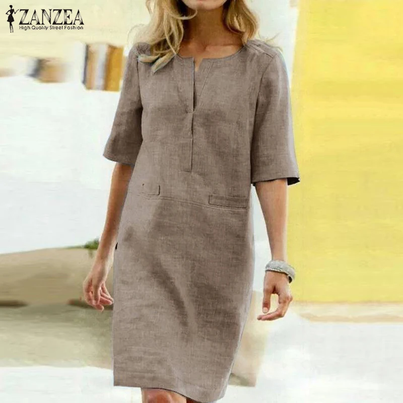 Light Khaki ZANZEA элегантное женское платье миди с круглым вырезом и коротким рукавом, летнее однотонное длинное платье-рубашка, рабочий сарафан, женские вечерние платья - Цвет: Light Khaki