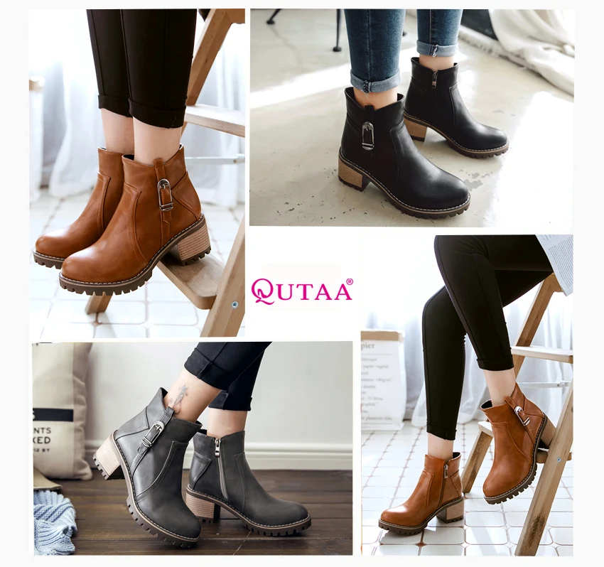 QUTAA/ г. Женские ботильоны повседневные однотонные женские мотоботы на высоком квадратном каблуке, с круглым носком, из искусственной кожи, на молнии Размеры 33-43